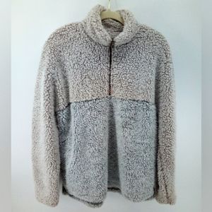 Thread + Supply Teddy Bear Sweater Quarter Zip Rose Pink Silver Gray Color Block